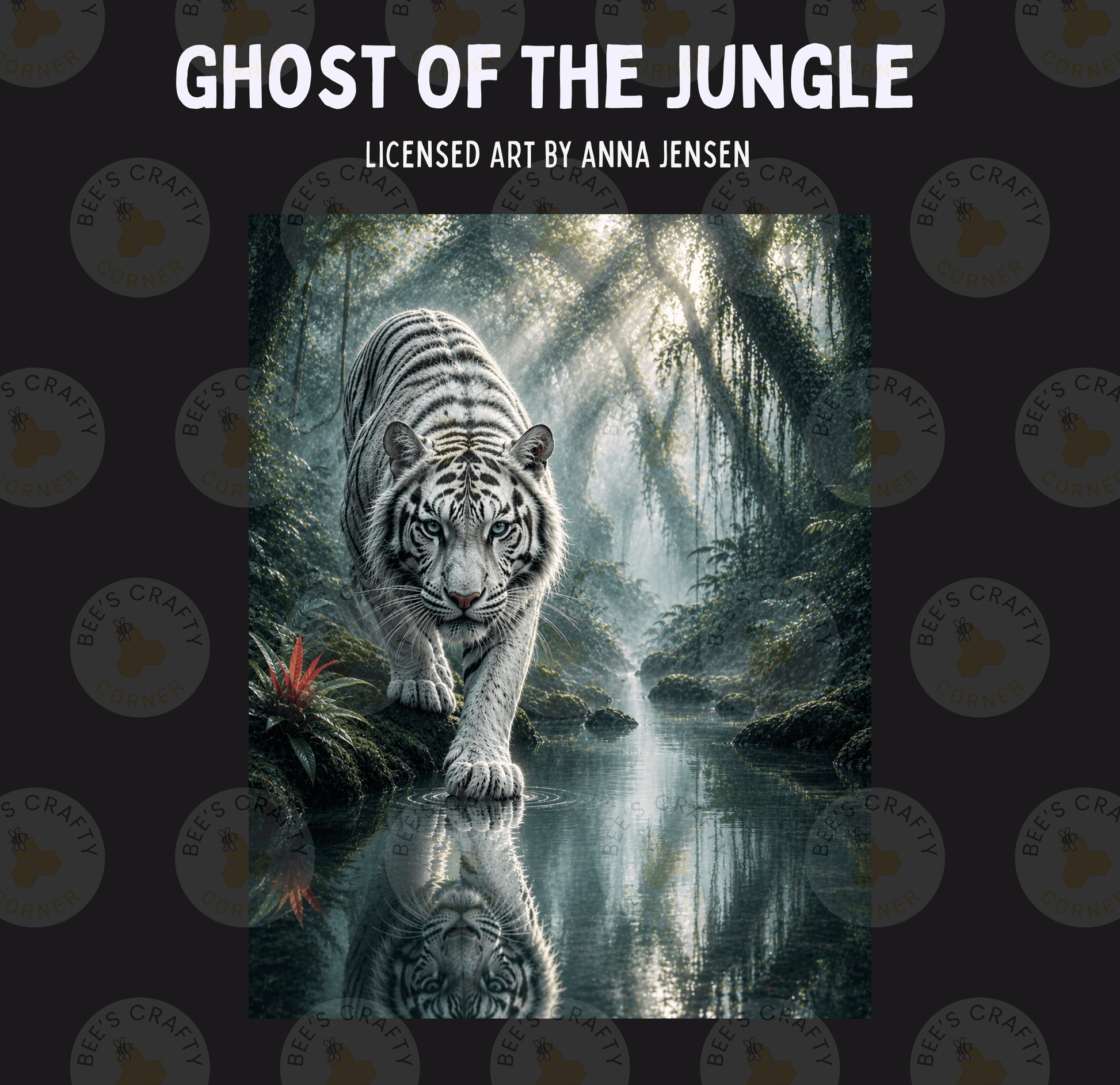 A majestic white tiger strides confidently through a lush, verdant jungle, its reflection mirrored in the still waters of a river.