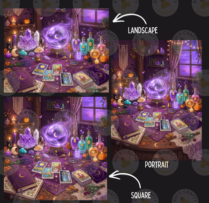 The image is a collage of three pictures depicting a mystical and enchanting scene with various objects, including crystals, tarot cards, and a crystal ball. The text "LANDSCAPE" and "PORTRAIT" are used to describe the different sections of the image.