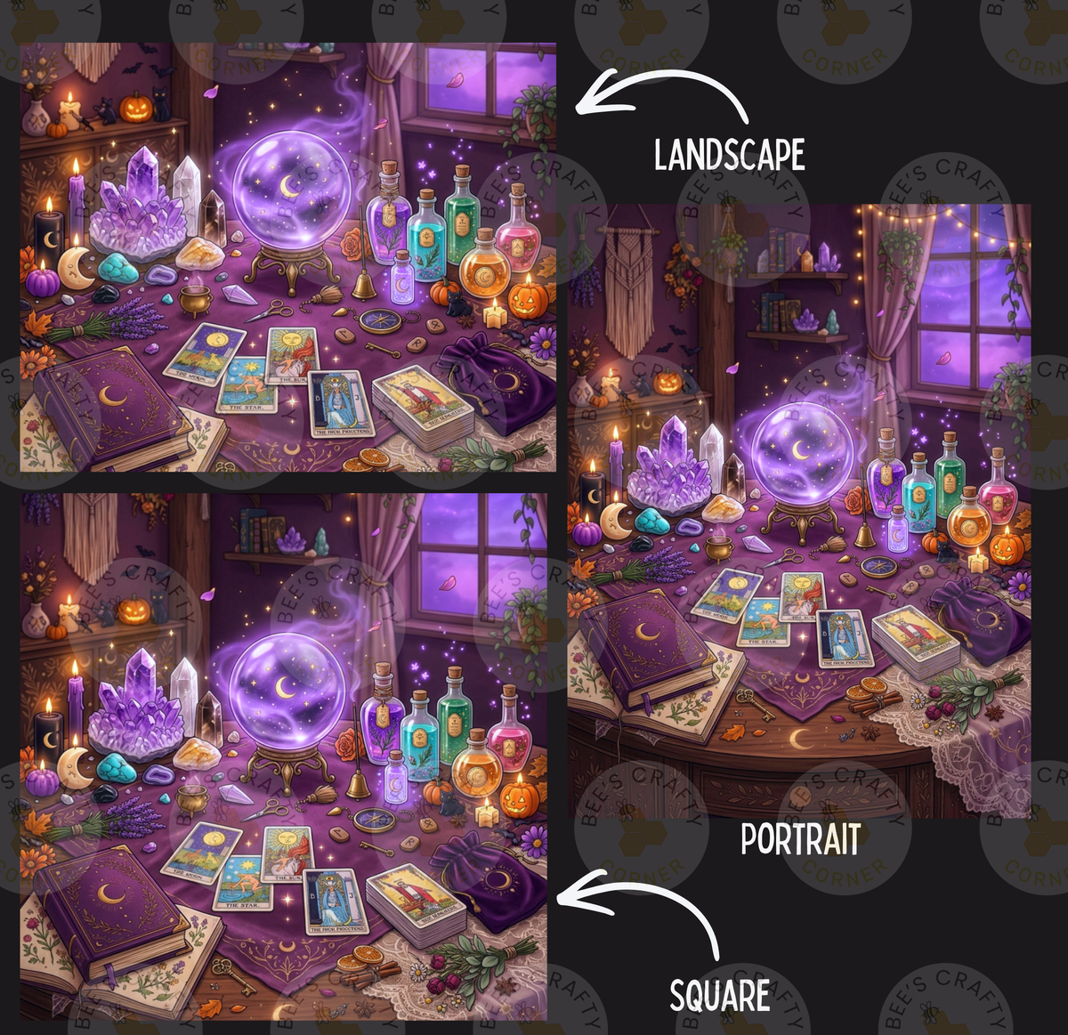The image is a collage of three pictures depicting a mystical and enchanting scene with various objects, including crystals, tarot cards, and a crystal ball. The text "LANDSCAPE" and "PORTRAIT" are used to describe the different sections of the image.
