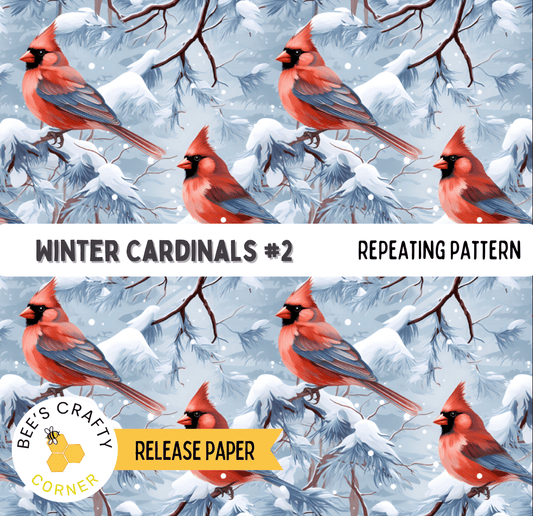 The image is a repeating pattern of red cardinal birds perched on snow-covered branches, with the text "Winter Cardinals #2" and "REPEATING PATTERN" visible.