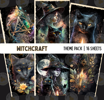 The image is a theme pack containing 16 sheets of artwork related to the theme of "Witchcraft". The artwork includes various elements such as a witch, cats, flowers, and other mystical and supernatural motifs.