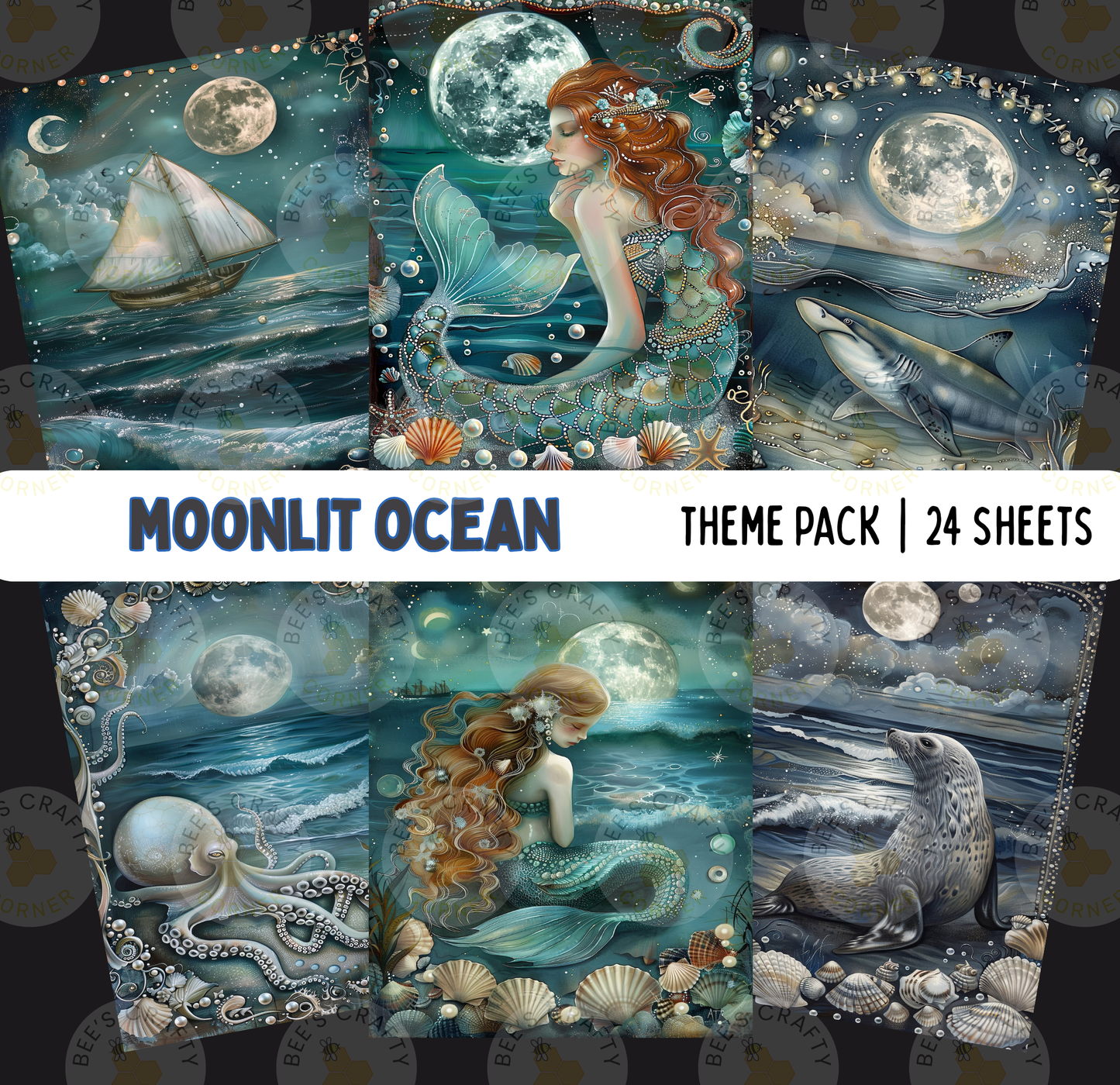 The image is a theme pack containing 24 sheets of artwork inspired by the moonlit ocean. The artwork features various marine creatures, such as a mermaid, a seal, and a shark, set against a backdrop of the moon and the ocean. The overall theme is whimsical and fantastical, with a focus on the beauty and mystery of the underwater world.