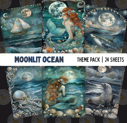 The image is a theme pack containing 24 sheets of artwork inspired by the moonlit ocean. The artwork features various marine creatures, such as a mermaid, a seal, and a shark, set against a backdrop of the moon and the ocean. The overall theme is whimsical and fantastical, with a focus on the beauty and mystery of the underwater world.