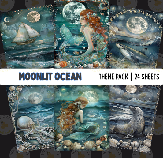 The image is a theme pack containing 24 sheets of artwork inspired by the moonlit ocean. The artwork features various marine creatures, such as a mermaid, a seal, and a shark, set against a backdrop of the moon and the ocean. The overall theme is whimsical and fantastical, with a focus on the beauty and mystery of the underwater world.