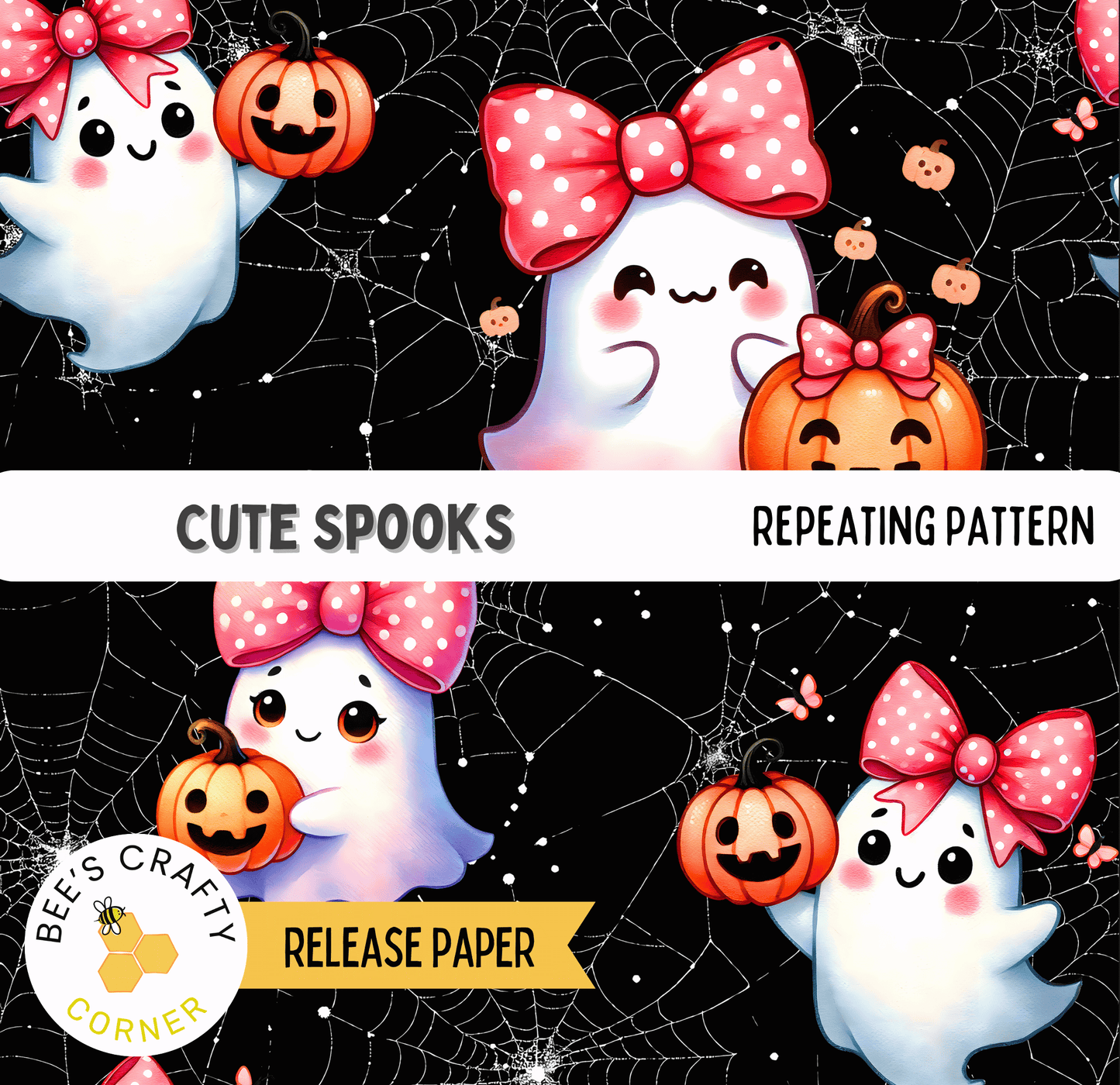 The image is a repeating pattern of cute, cartoon-style ghost characters with bows and pumpkins, creating a festive Halloween-themed design.