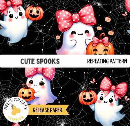 The image is a repeating pattern of cute, cartoon-style ghost characters with bows and pumpkins, creating a festive Halloween-themed design.
