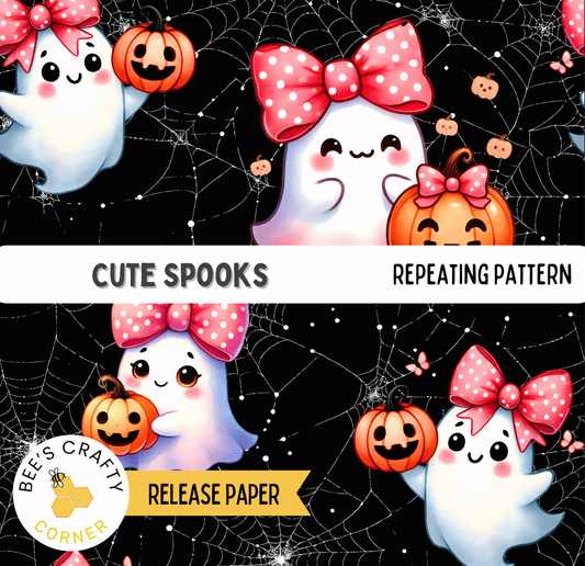 The image is a repeating pattern of cute, cartoon-style ghost characters with bows and pumpkins, creating a festive Halloween-themed design.