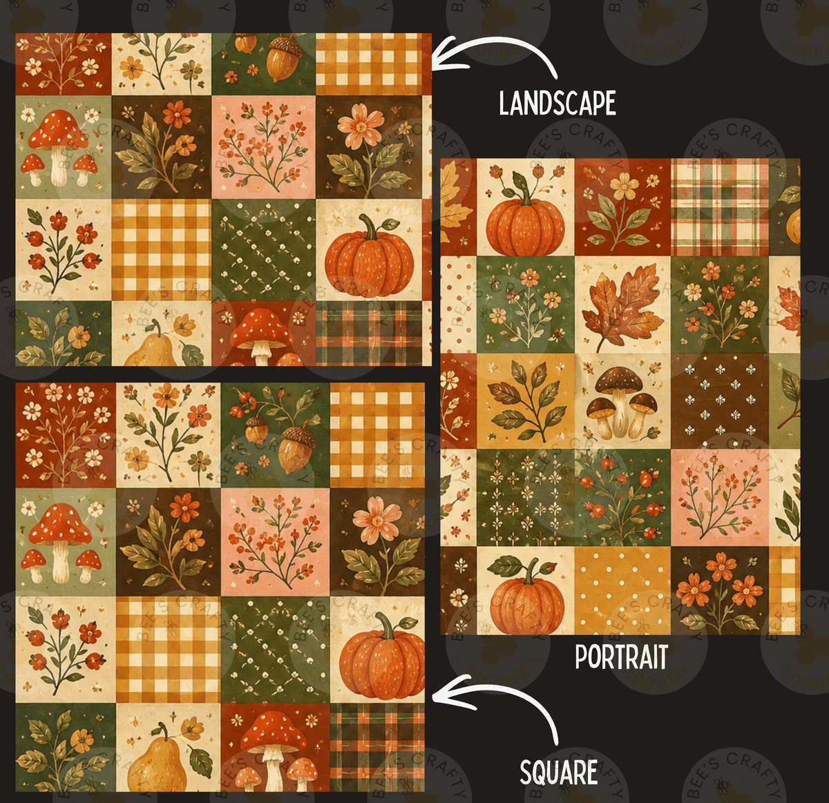 The image is a collage of two square images, each featuring a variety of autumn-themed elements such as pumpkins, flowers, mushrooms, and leaves. The collage is divided into two sections, with one section labeled "Landscape" and the other "Portrait".