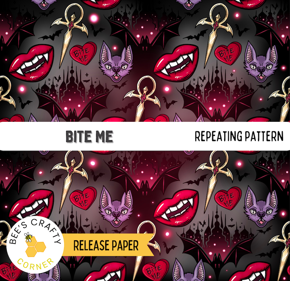 The image is a repeating pattern featuring various vampire-themed elements such as bats, hearts, and fangs. The pattern includes the words "BITE ME" and "REPEATING PATTERN" along with the text "RELEASE PAPER" and "Bee Crafty Corner".