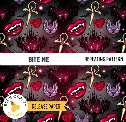 The image is a repeating pattern featuring various vampire-themed elements such as bats, hearts, and fangs. The pattern includes the words "BITE ME" and "REPEATING PATTERN" along with the text "RELEASE PAPER" and "Bee Crafty Corner".