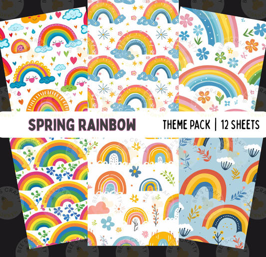 The image is a collection of six colorful and vibrant patterned backgrounds featuring rainbows, flowers, and other cheerful designs.