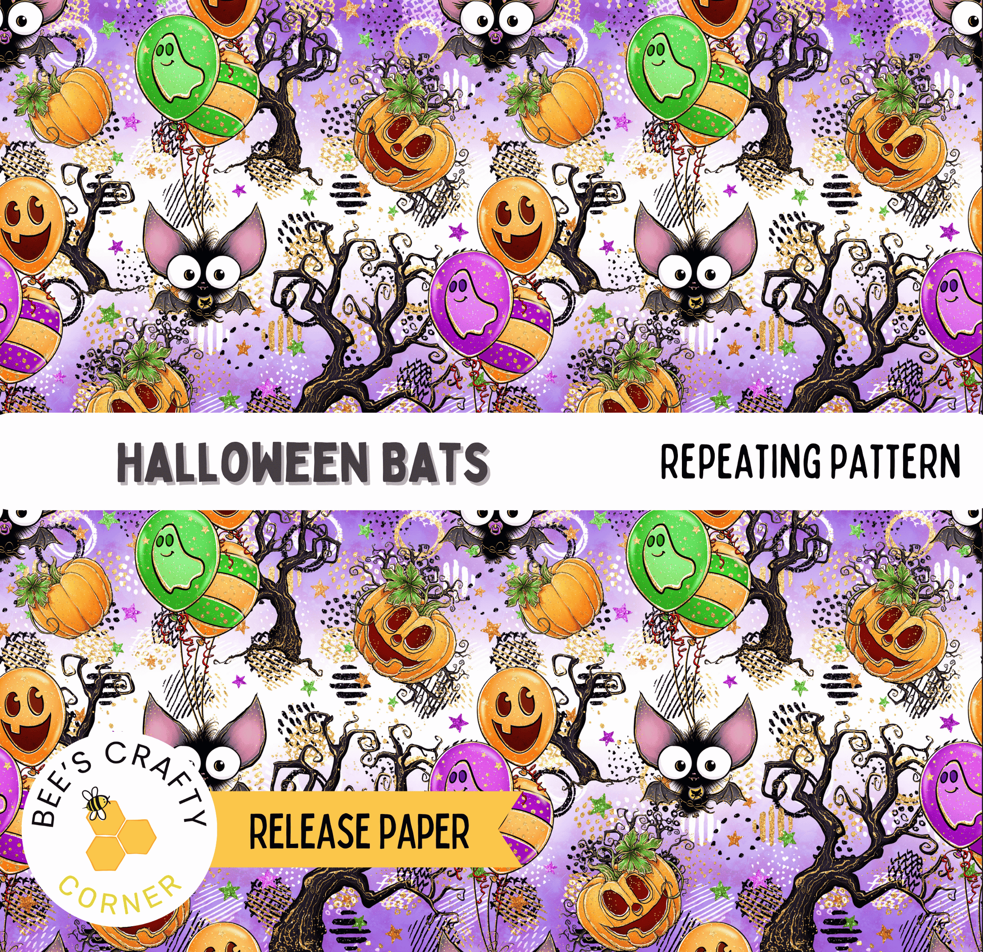 The image is a repeating pattern of Halloween-themed elements, including bats, pumpkins, and ghostly figures, creating a spooky and festive atmosphere.
