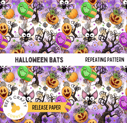 The image is a repeating pattern of Halloween-themed elements, including bats, pumpkins, and ghostly figures, creating a spooky and festive atmosphere.