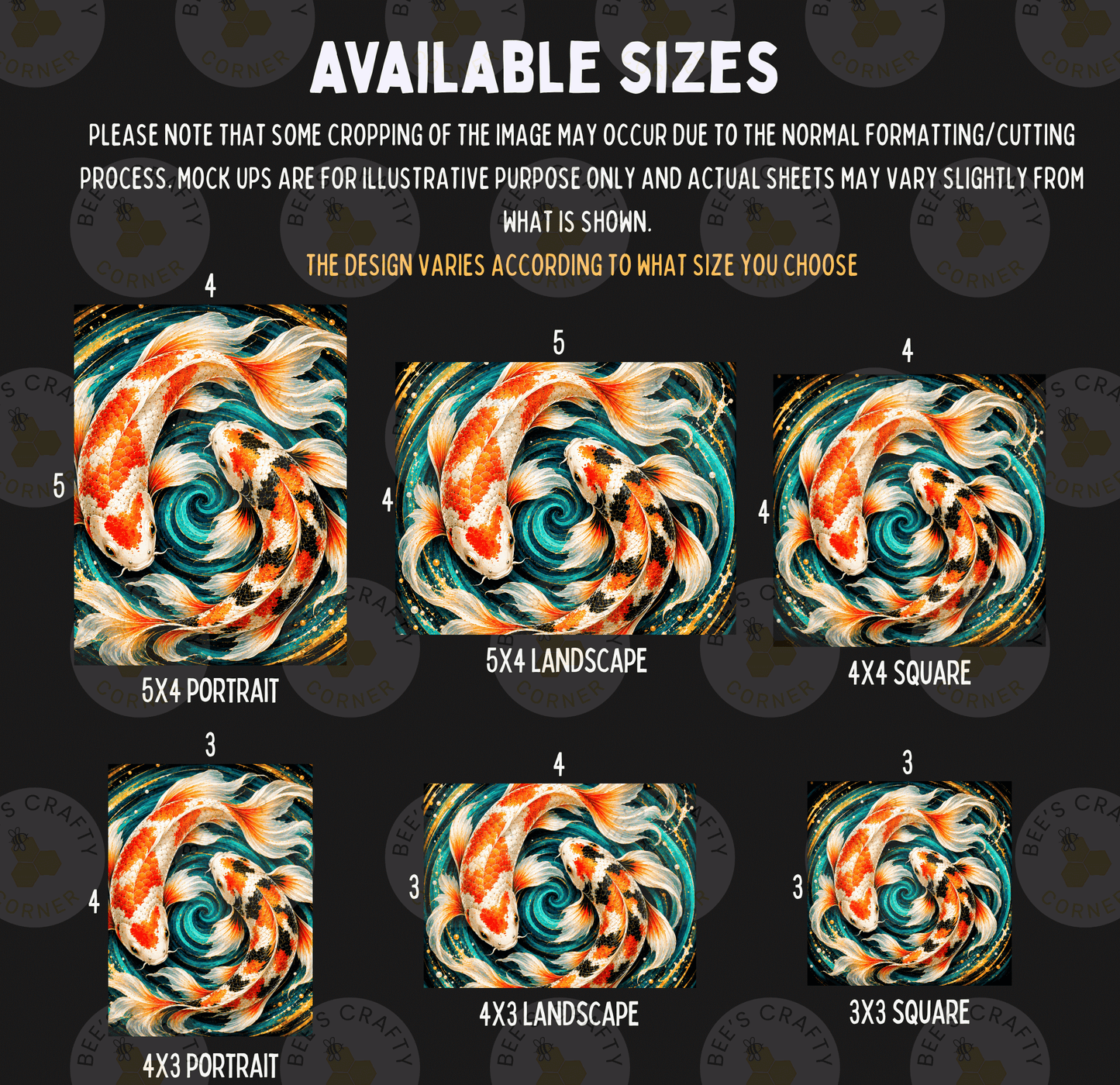 various sizes of artistic images, including a 5x4 portrait, a 5x4 landscape, a 5x4 square, a 5x3 portrait, a 5x3 landscape, and a 5x3 square. The text indicates that some cropping may occur due to the normal formatting/cutting process, and mock-ups are available for illustrative purposes only. The actual sheets may vary slightly from what is shown. The design varies according to the size chosen by the viewer.