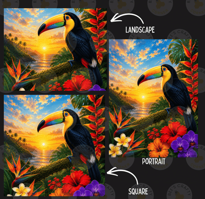 The image is a collage of three pictures depicting a colorful tropical landscape with a toucan perched on a branch. The first image shows the toucan in a landscape with a sunset, the second image features the toucan in a portrait-style setting, and the third image showcases the toucan in a square format.