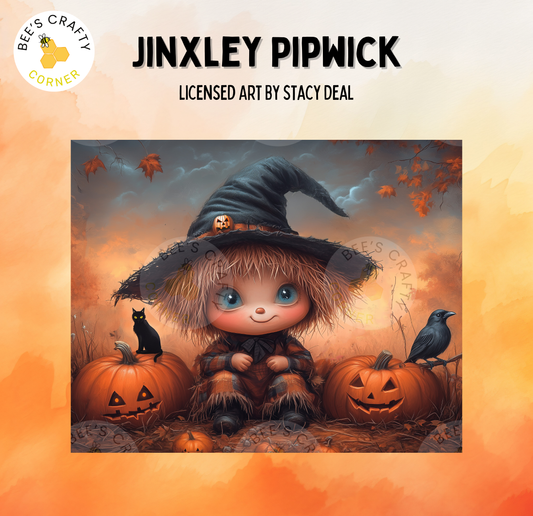 The image is a Halloween-themed illustration featuring a young girl dressed as a witch, surrounded by jack-o-lanterns and a black cat.