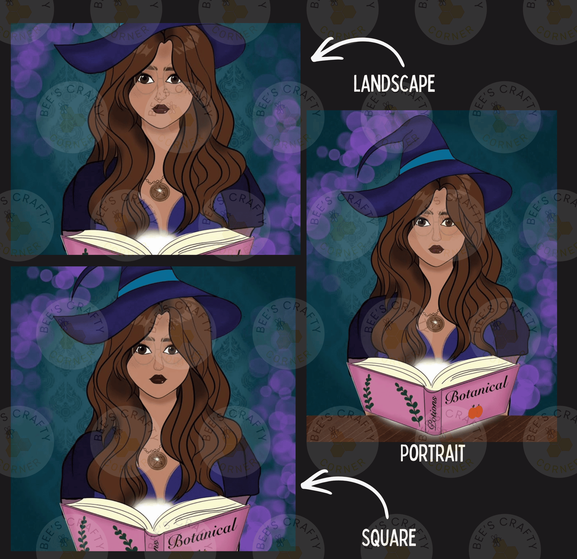 The image is a collage of three images depicting a woman with long brown hair wearing a purple hat and holding a book titled "Binary Botanical". The images are labeled as "Landscape", "Portrait", and "Square".