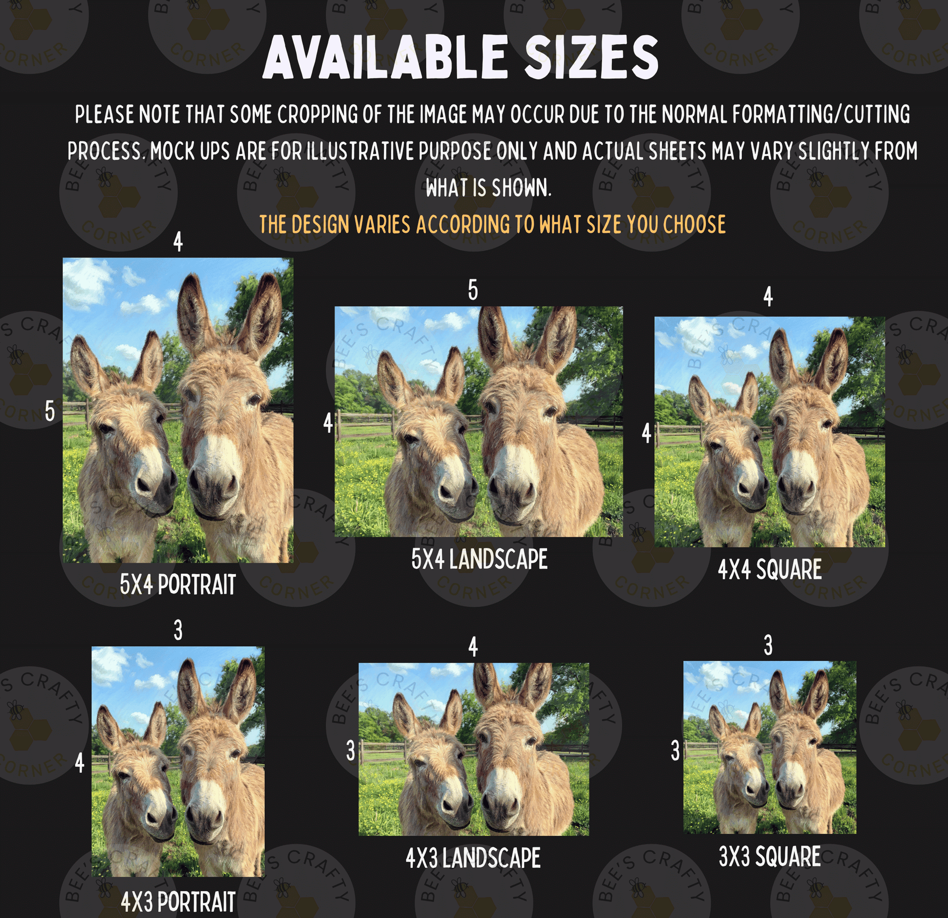 The image is a collage of six different sizes of images featuring two donkeys in various poses and settings, including a 5x4 portrait, a 5x4 landscape, a 4x3 square, a 4x3 portrait, a 4x3 landscape, and a 3x3 square.