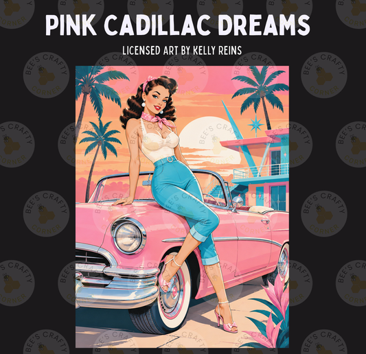 The image is a vibrant illustration featuring a woman in a retro style, leaning on a pink Cadillac car. The background depicts a tropical beach scene with palm trees and a sunset. The overall color scheme is predominantly pink, blue, and orange, creating a retro and nostalgic atmosphere.