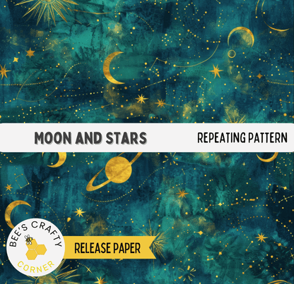 The image is a repeating pattern of a night sky with stars, crescent moons, and planets. The pattern is predominantly blue and green, with gold accents representing the stars and crescent moons. The text "Moon and Stars" and "REPEATING PATTERN" are visible, indicating the theme of the pattern. The image is described as a "RELEASE PAPER" and is part of a collection of celestial-themed designs.