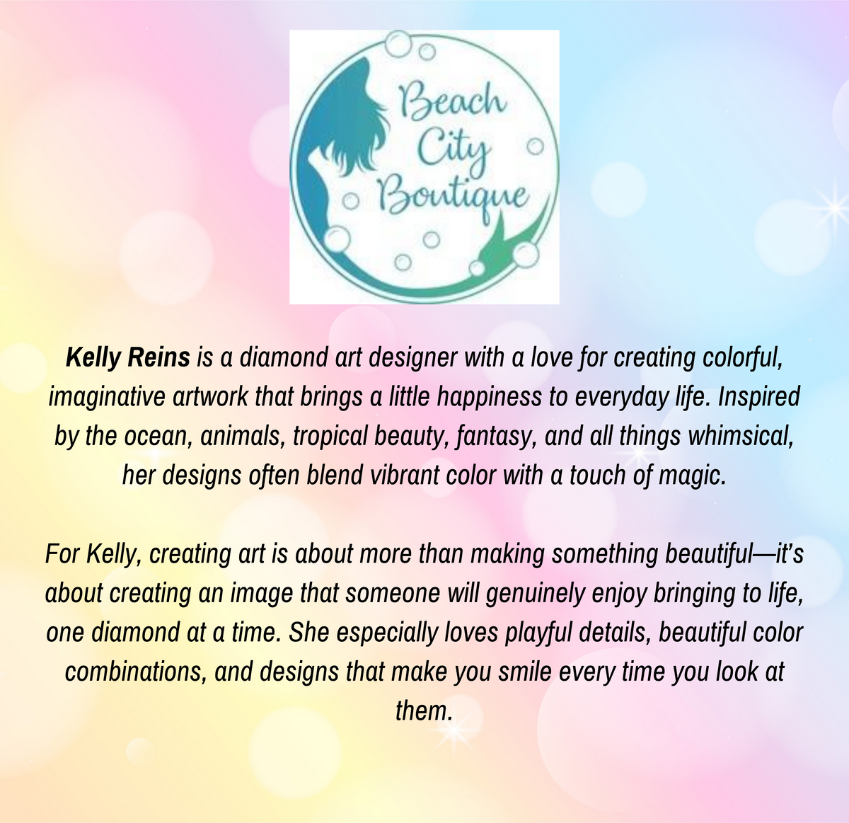 The image is a colorful advertisement for a jewelry designer named Kelly Reins, who is described as a diamond art designer with a love for creating colorful, imaginative artwork that brings happiness to everyday life.