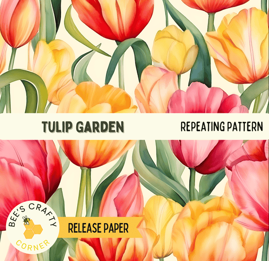 The image is a repeating pattern of tulip flowers in various colors, including red, yellow, and pink, against a light background.
