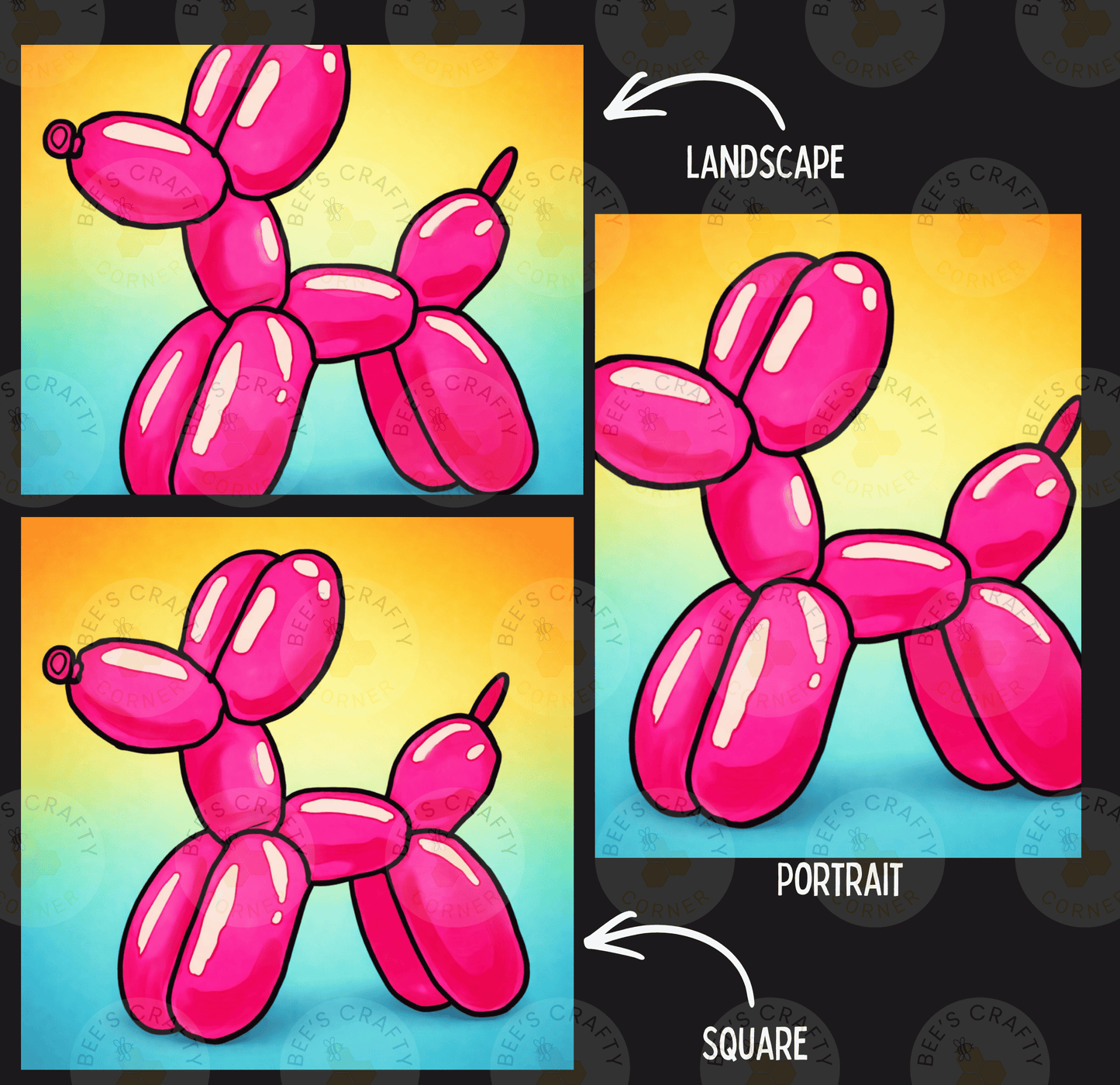 The image is a collage of three images depicting a pink balloon dog in different poses, labeled as a landscape, portrait, and square.