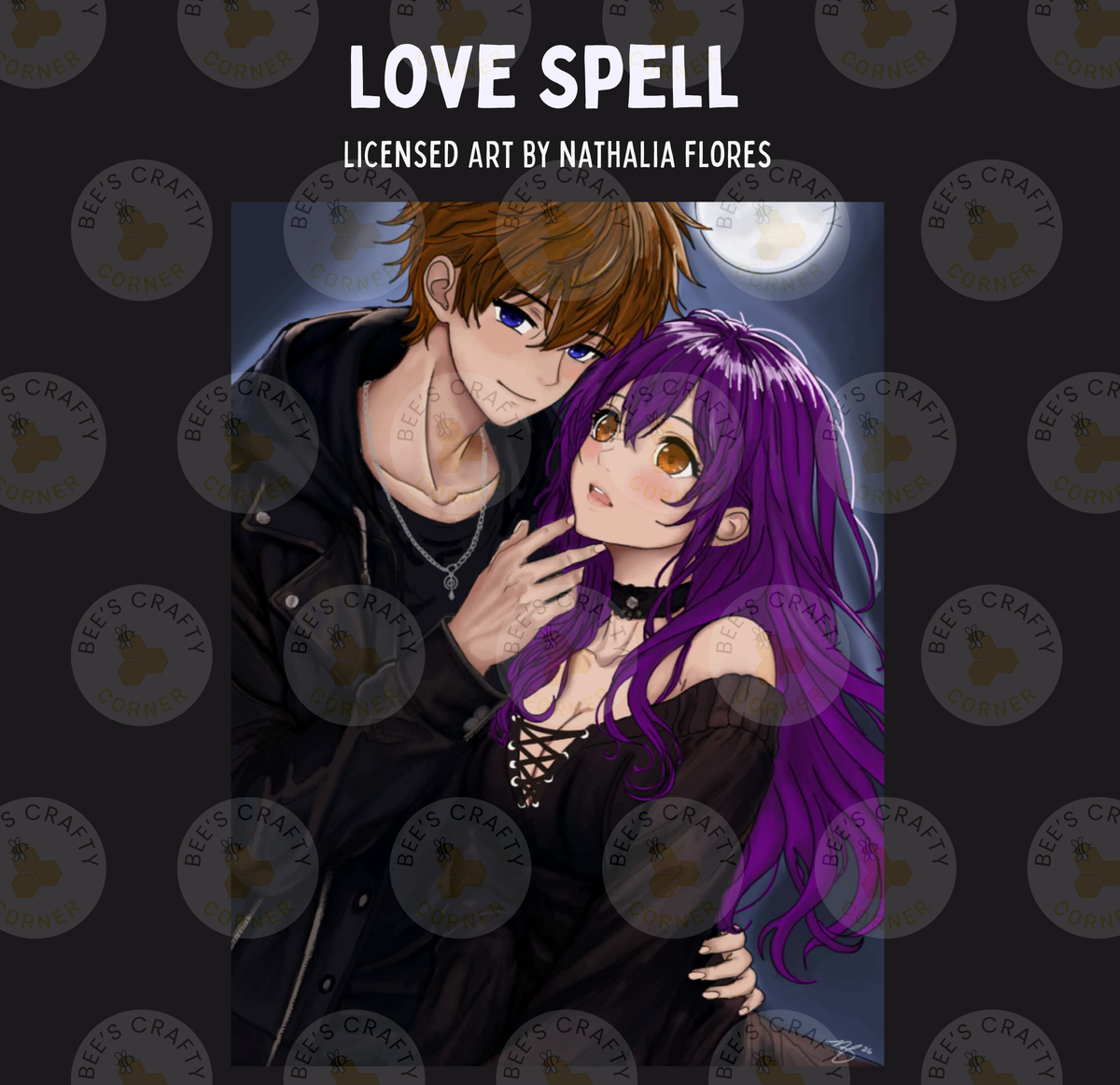 The image is a digital illustration featuring a male character with brown hair and a female character with purple hair, both dressed in dark clothing. They appear to be embracing each other, suggesting a romantic or intimate moment.