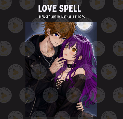 The image is a digital illustration featuring a male character with brown hair and a female character with purple hair, both dressed in dark clothing. They appear to be embracing each other, suggesting a romantic or intimate moment.