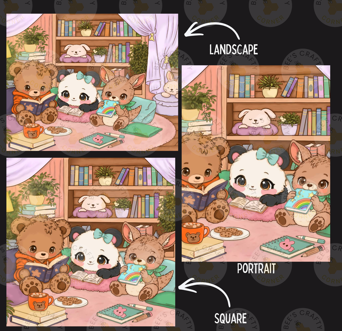 The image is a collage of three pictures depicting a scene with various animals, including bears, a panda, and a dog, sitting together in a room with bookshelves and plants. The images are labeled as "Landscape" and "Portrait" and are described as "LESS THAN 500 characters" and " SQUARE" respectively.