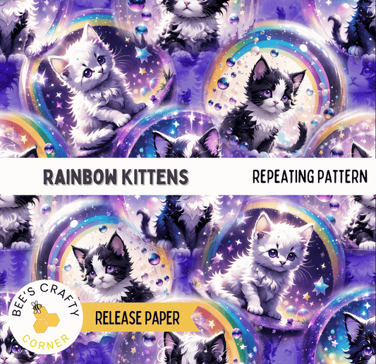 The image is a repeating pattern of rainbow kittens, featuring various shades of white, black, and gray against a purple background with stars and bubbles.
