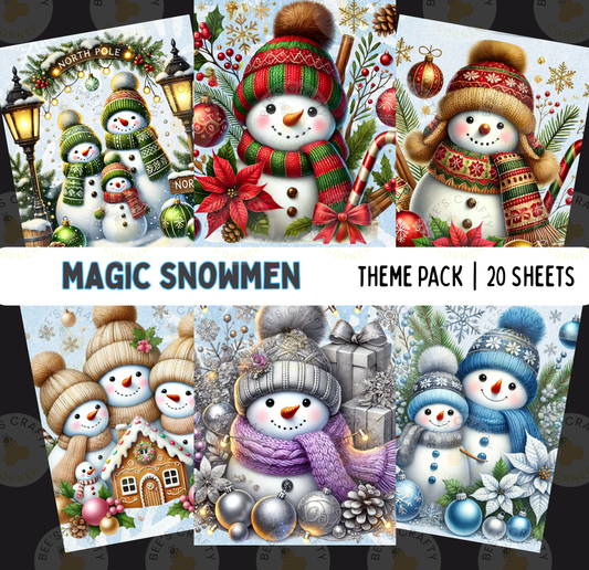 The image is a collage of five winter-themed snowmen illustrations, each with different colors and accessories. The snowmen are dressed in various outfits and are surrounded by holiday decorations such as poinsettias, ornaments, and lights. The collage is titled "Magic Snowmen" and includes a theme pack of 20 sheets, showcasing the snowmen in different styles and settings.