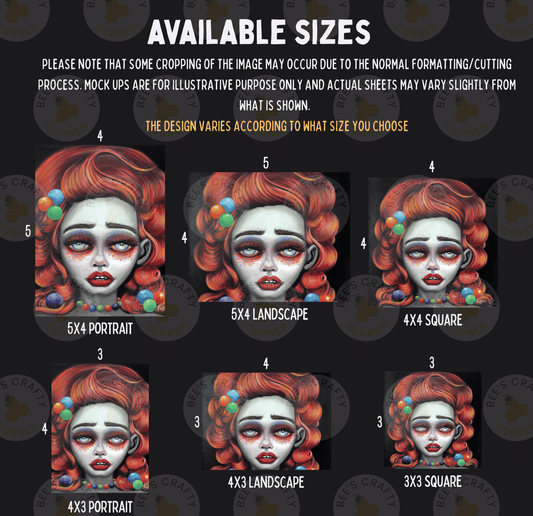 six different artistic interpretations of a woman's face, each with varying sizes and styles. The images are arranged in a grid format, with each row representing a different size and the columns representing different styles. The text above the image provides information about the available sizes and the normal formatting/cutting process, as well as mock-ups for illustrative purposes.