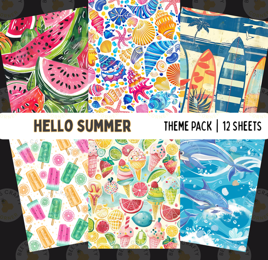 The image is a collage of six colorful and vibrant summer-themed designs, including watermelon, seashells, surfboards, and other summer motifs.