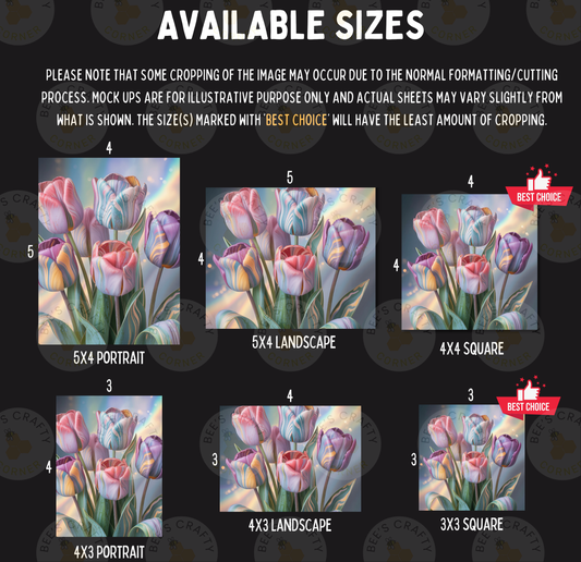 The image is a collage of six images, each depicting a different size of a tulip bouquet. The images vary in size, ranging from 5x4 to 5x3, and are marked with "BEST CHOICE" labels indicating the best choice for each size. The text in the image provides information about the available sizes and their corresponding labels.