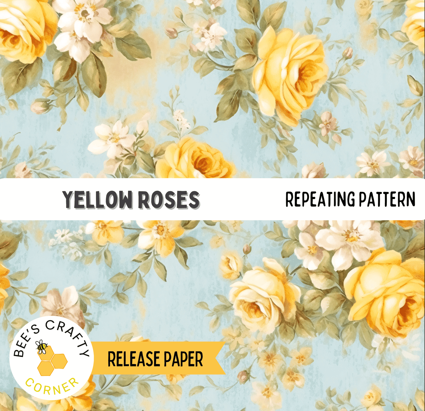 The image is a repeating pattern of yellow roses against a light blue background.