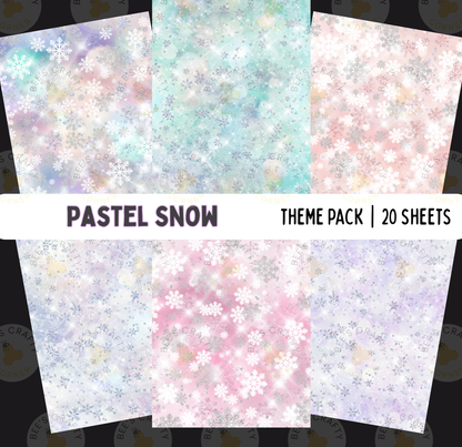 a collection of pastel-colored snowflake designs, including various shades of pink, blue, and green. The text "PASTEEL SNOW" is displayed prominently, indicating the theme of the collection. The image also includes a text overlay that reads "THEME PACK | 20 SHEETS", suggesting that this is a theme pack containing multiple sheets with the snowflake design.