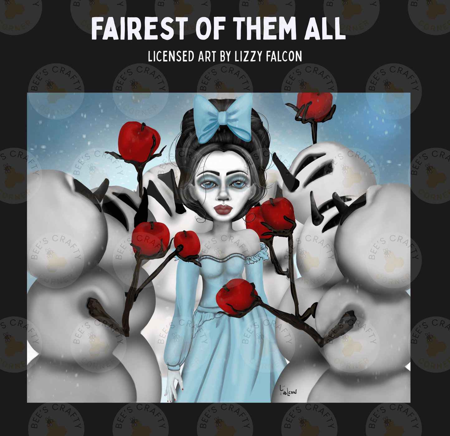 The image is a digital illustration featuring a female character with a blue dress and a bow in her hair, surrounded by red flowers and snowmen.