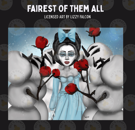 The image is a digital illustration featuring a female character with a blue dress and a bow in her hair, surrounded by red flowers and snowmen.