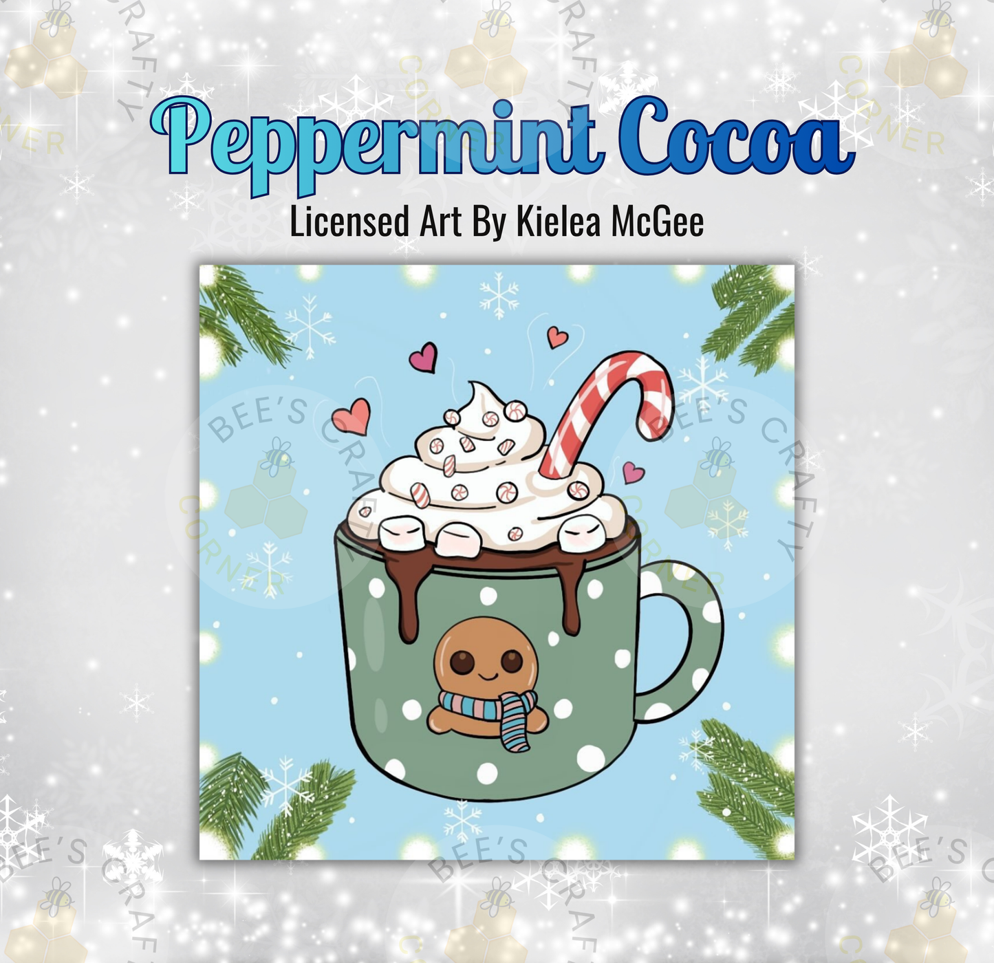 The image is a square illustration of a peppermint cocoa drink, featuring a mug with a gingerbread man and a candy cane. The background is a light blue color with white snowflakes scattered throughout.