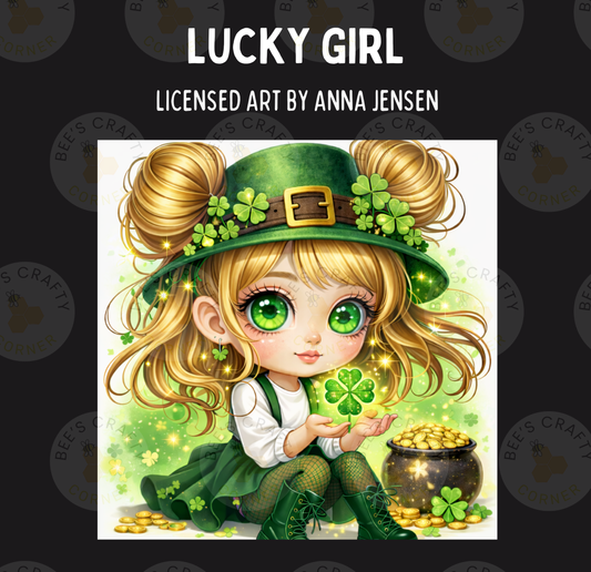 The image is a digital illustration featuring a young girl with large, expressive eyes and blonde hair, wearing a green hat decorated with shamrocks. She is holding a four-leaf clover and is surrounded by a pot of gold coins.