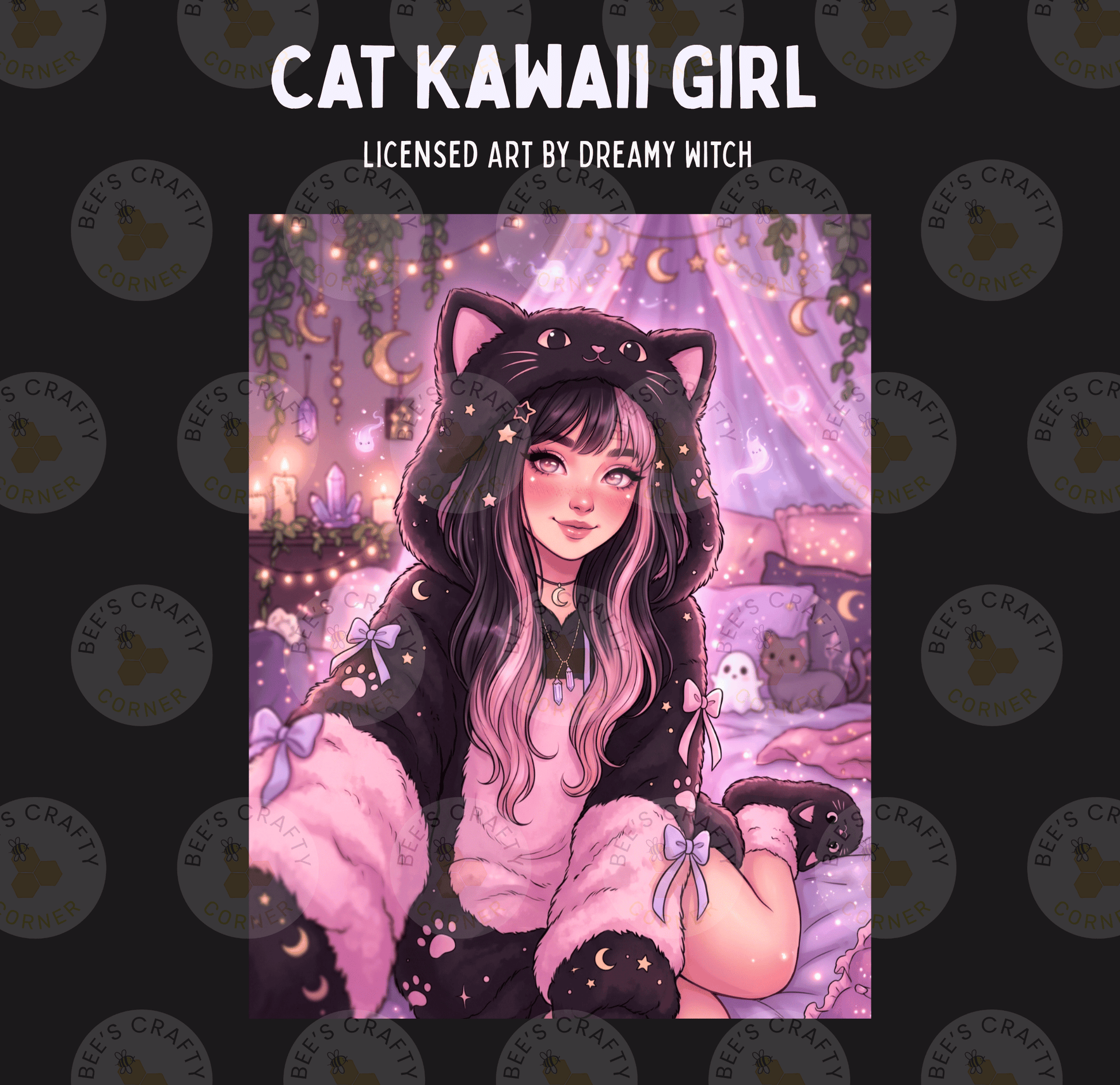 The image is a digital illustration of a young woman with long, dark hair wearing a cat-themed outfit, including a hooded jacket and cat ears. She is surrounded by a whimsical, fantastical scene with various elements such as cats, plants, and a crescent moon. The image is a collage of multiple smaller images, and the text "CAT KAWAI GIRL" is prominently displayed at the top.