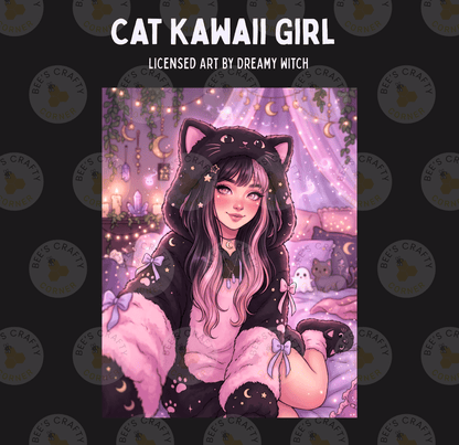 The image is a digital illustration of a young woman with long, dark hair wearing a cat-themed outfit, including a hooded jacket and cat ears. She is surrounded by a whimsical, fantastical scene with various elements such as cats, plants, and a crescent moon. The image is a collage of multiple smaller images, and the text "CAT KAWAI GIRL" is prominently displayed at the top.