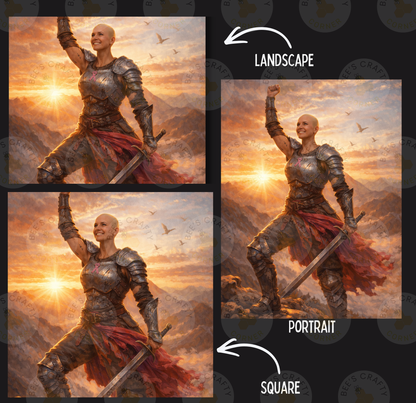 The image is a collage of three pictures depicting a woman in a fighting stance, with one picture labeled "LANDSCAPE" and the other two labeled "PORTRAIT" and "SQUARE".