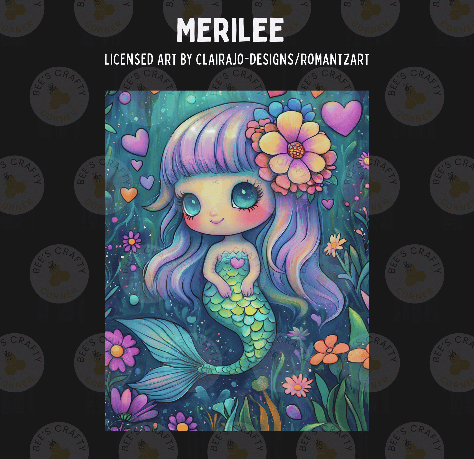 The image is a vibrant and whimsical illustration of a mermaid surrounded by a lush underwater scene filled with colorful flowers, plants, and marine life.