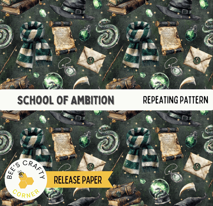 The image is a repeating pattern of various objects and symbols associated with the Harry Potter series, including books, spells, magical artifacts, and a wand.