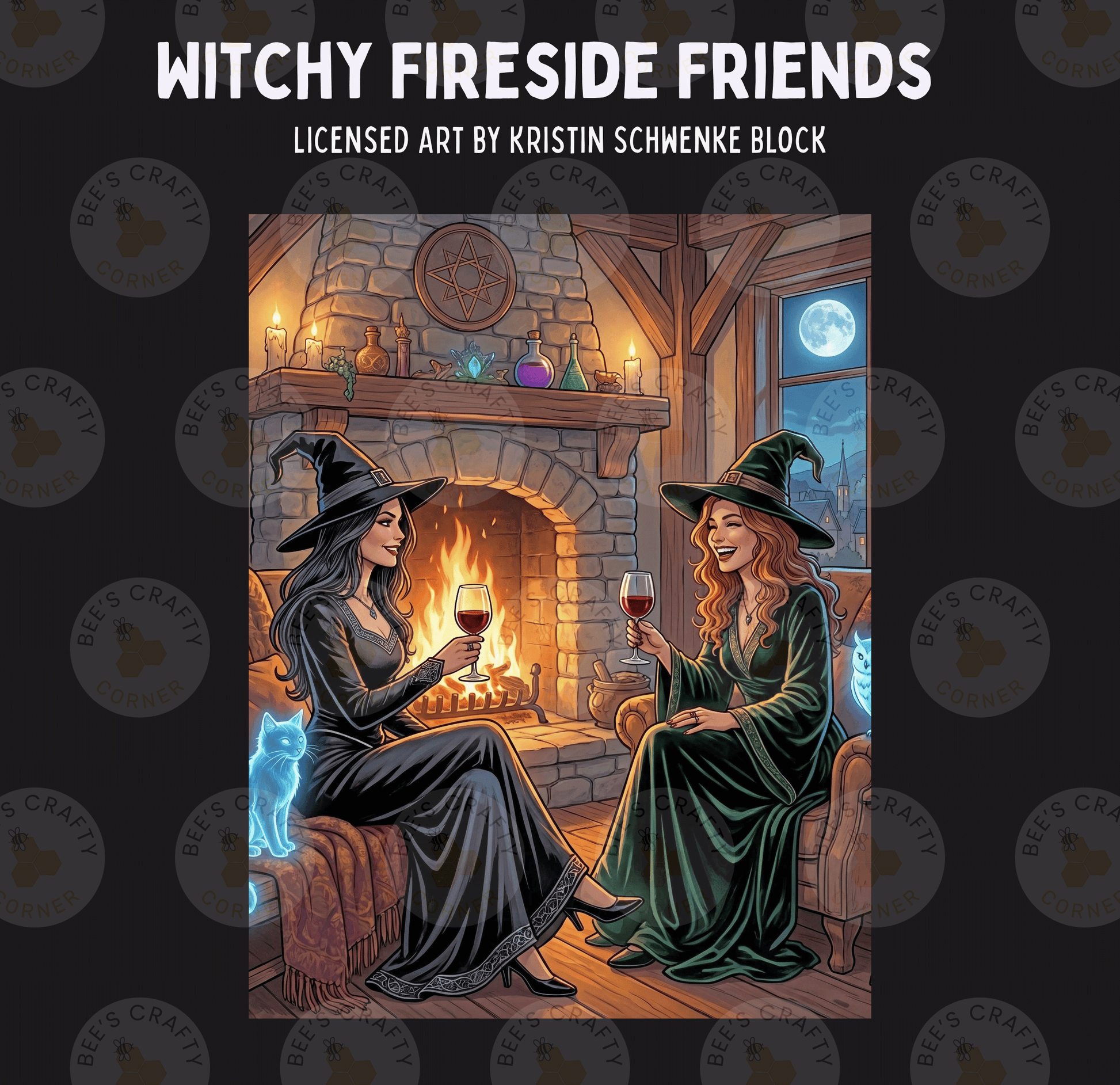 two women dressed as witches sitting in a cozy fireplace, each holding a glass of wine.