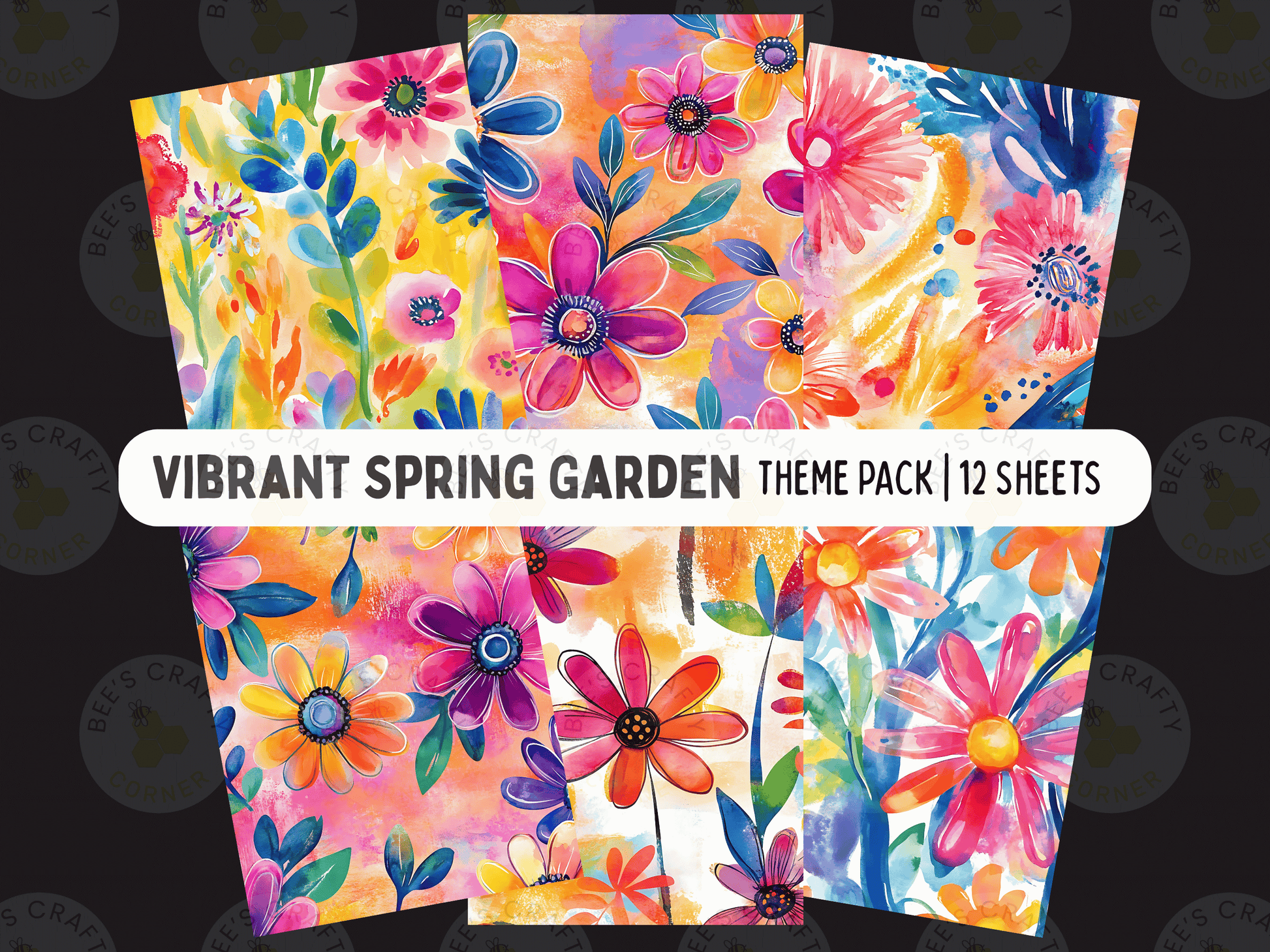 The image is a vibrant spring garden theme pack, containing 12 colorful and artistic flower and plant illustrations arranged in a visually appealing manner.