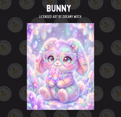 The image is a digital illustration of a bunny wearing glasses and holding a flower, surrounded by crystals and flowers.