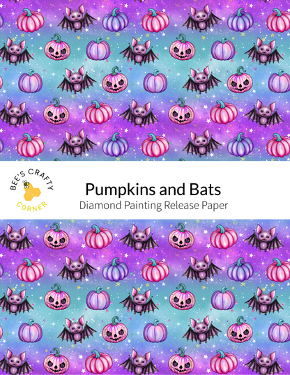 The image is a repeating pattern of pumpkins and bats against a purple and blue background with stars.